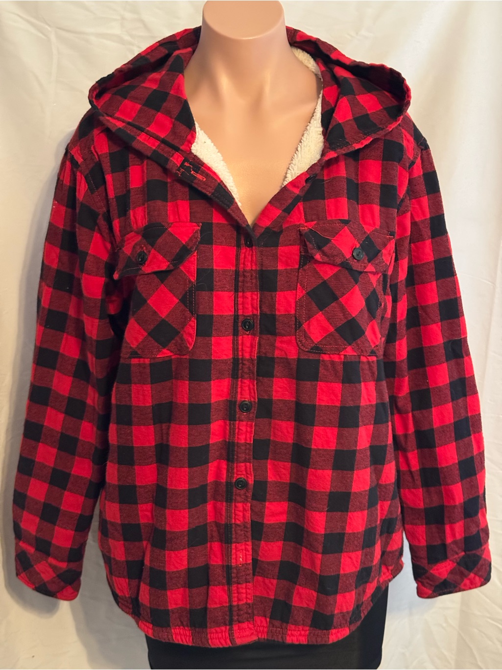 Red And Black Buffalo Plaid Hooded Sherpa Lined Flannel Shirt Jacket